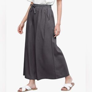 Washed Linen Casual Loose Wide Leg Pants Pocket Pant with Draw String -dark grey